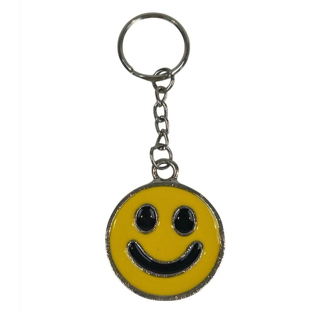 Vintage Yellow Smiley Face Metal Keychain Bag Charm Silver Tone Finish